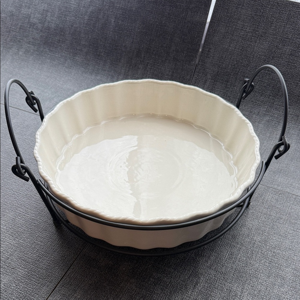 NIB - White Ceramic Serving Bowl with Metal Stand